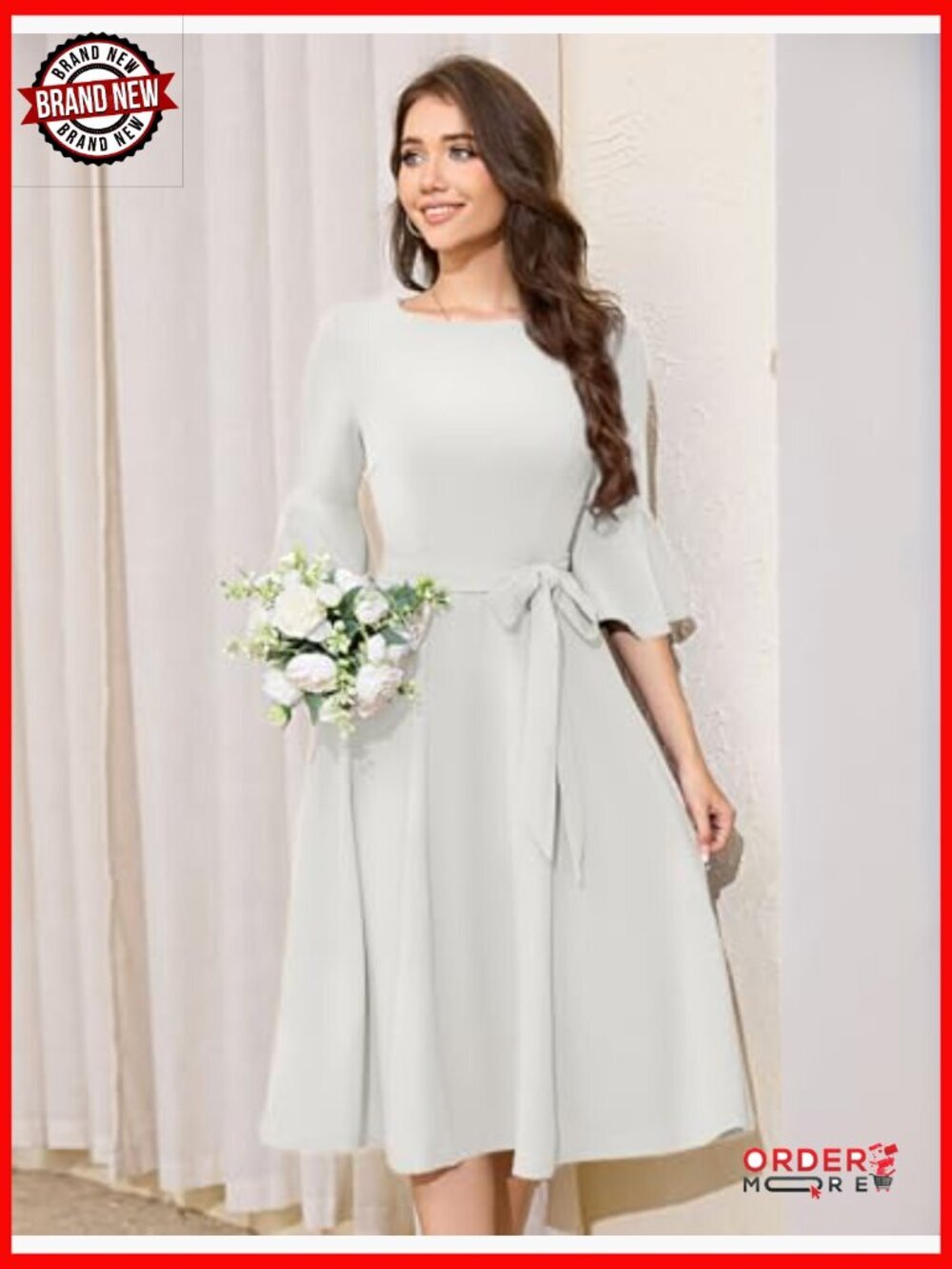 Modest Bell Sleeve Vintage A-Line Midi Dress with Belt - Picture 5 of 7